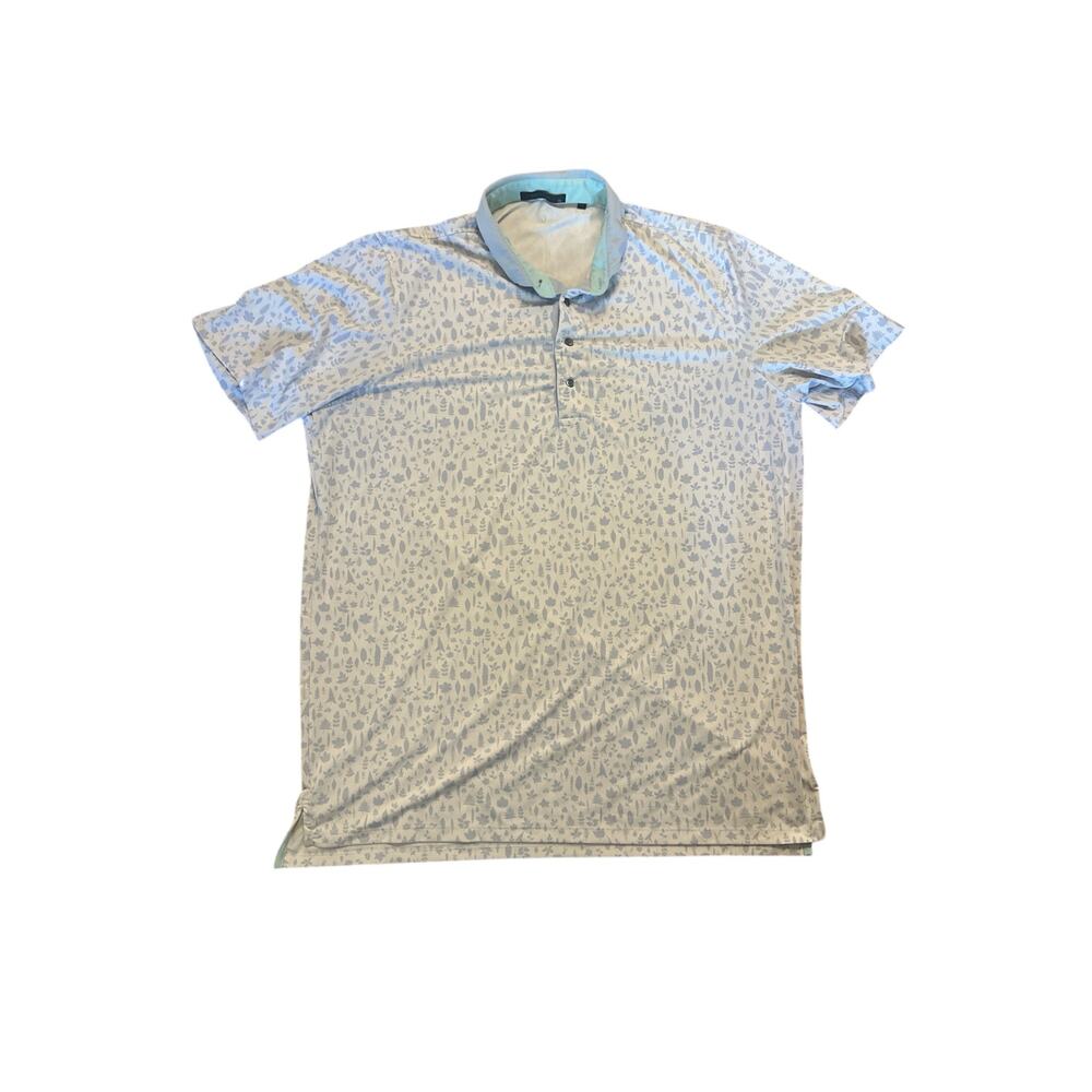 Men XL Greyson Cream Blue Magical Ferns Leaf Print Short Slv Golf Polo Shirt Top